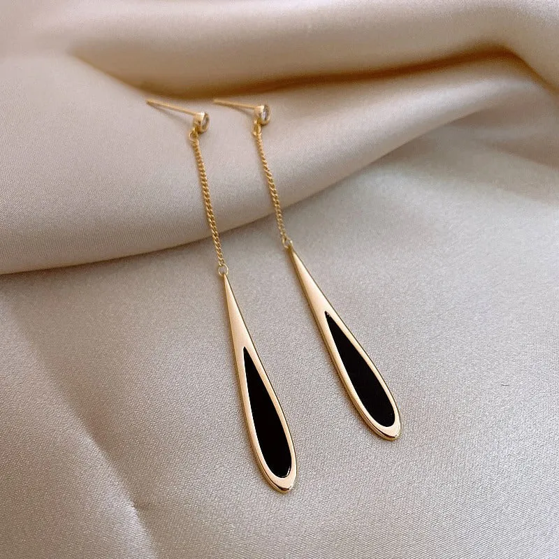 Tassel Long Black Drop with Gold Lining Statement Earrings