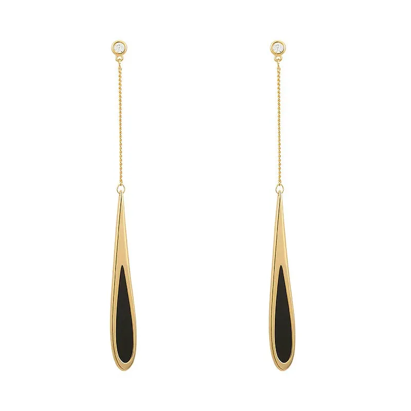 Tassel Long Black Drop with Gold Lining Statement Earrings