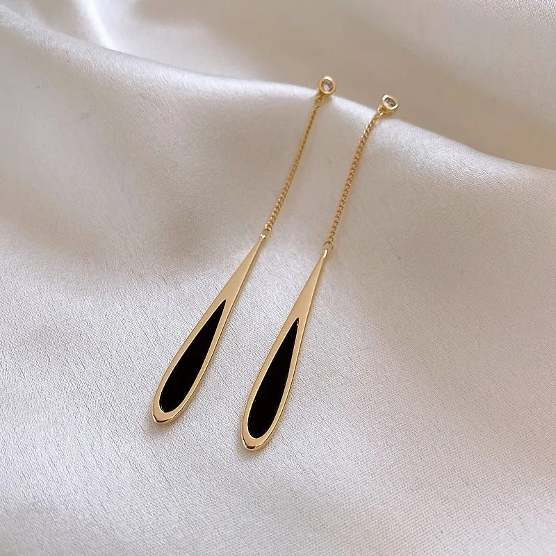 Tassel Long Black Drop with Gold Lining Statement Earrings