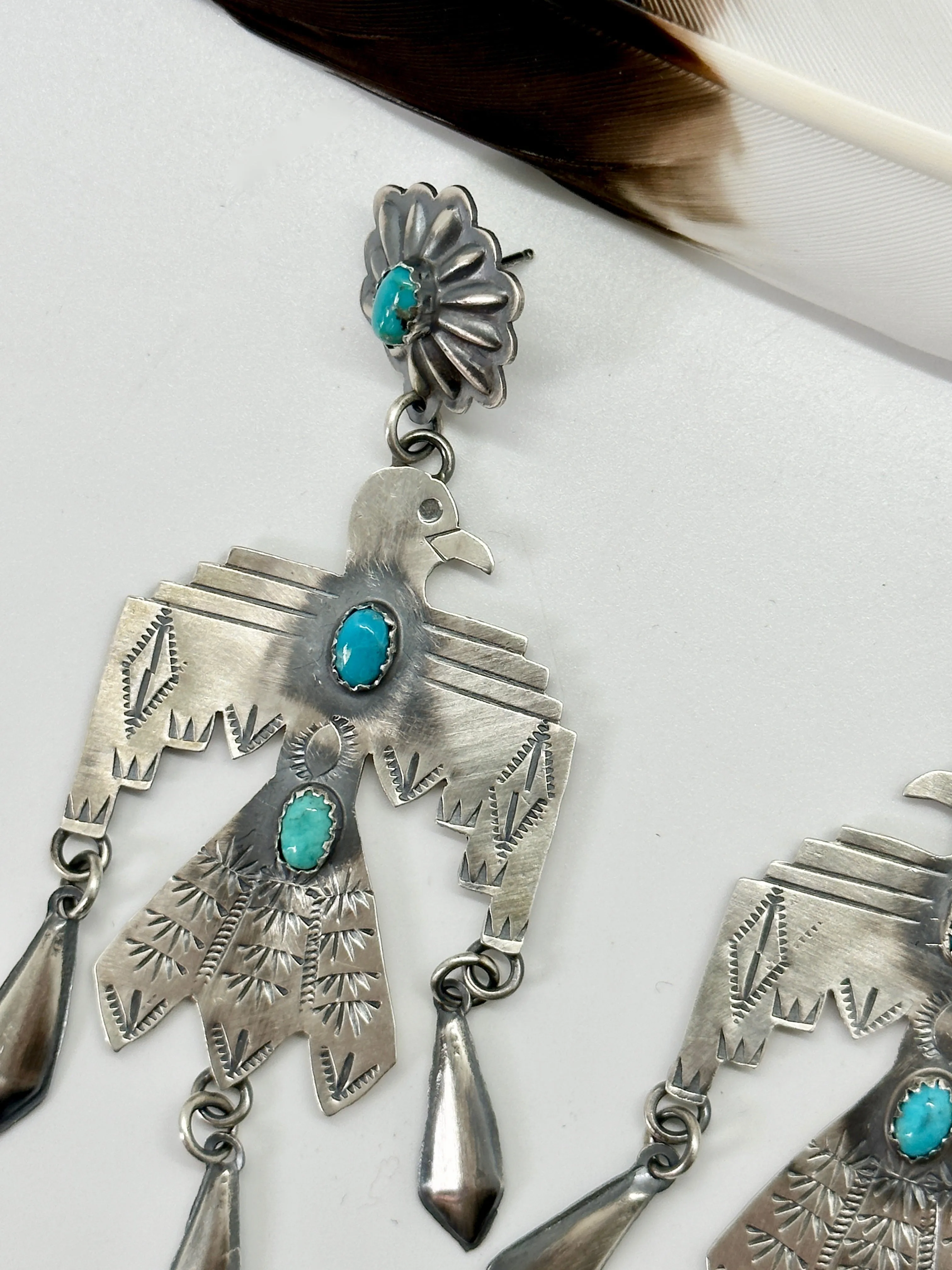 THUNDERBIRD LJC Sterling Silver and Turquoise Navajo Statement Earrings