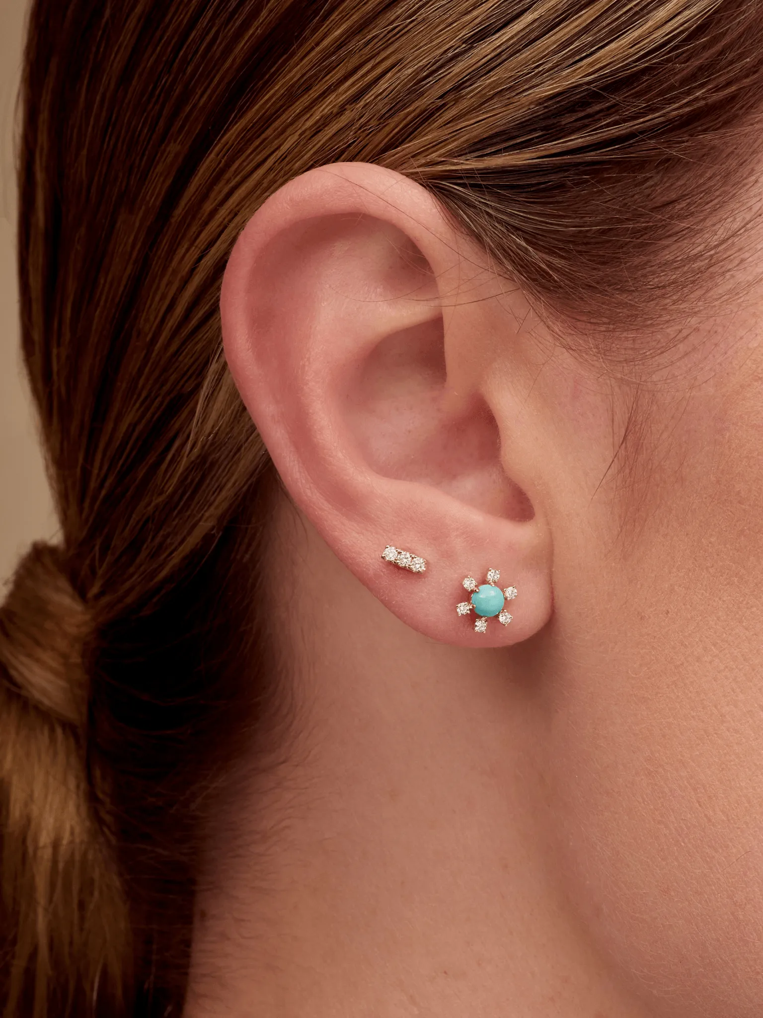 Turquoise Diamond Flower Stud Earrings 14K