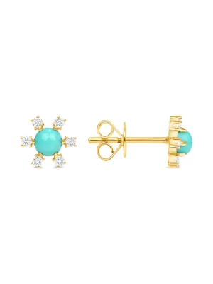 Turquoise Diamond Flower Stud Earrings 14K