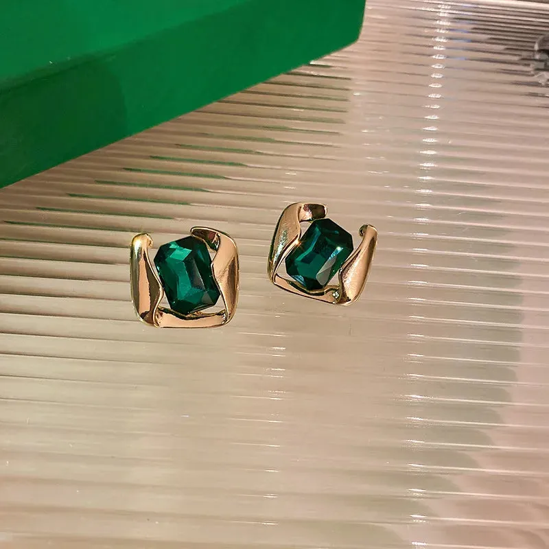 VAIGE Elegant Asymmetric Green Glass Geometric Rectangle Stud Earrings