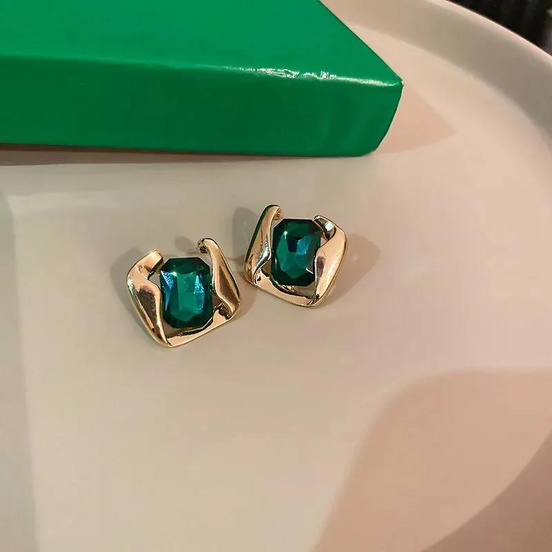 VAIGE Elegant Asymmetric Green Glass Geometric Rectangle Stud Earrings