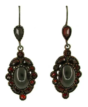 Victorian Bohemian Garnet Cabochon Garland Drop Earrings in Antiqued Sterling Silver