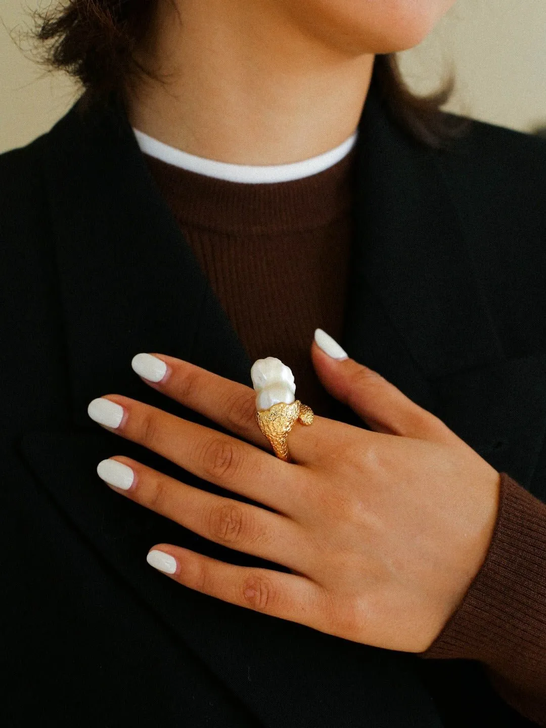 Vintage Floral Orb Fish-Tail  Baroque Pearl Rings