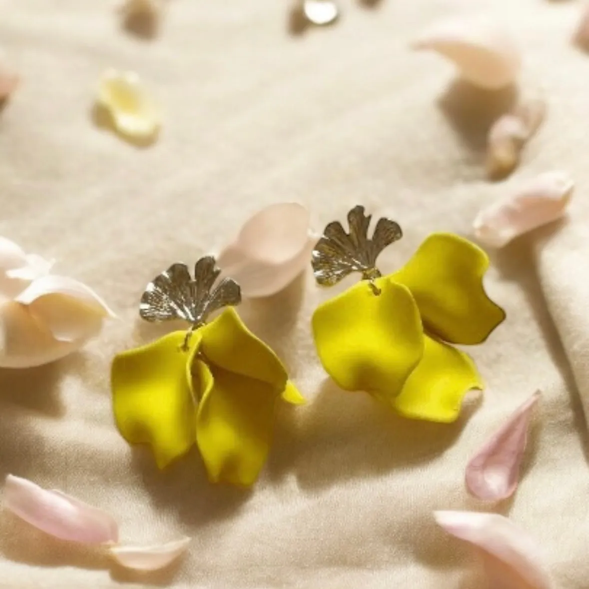 Yellow - flower earrings | dangle petal lightweight earrings | golden ginkgo leaf earrings | bridal party wedding earrings