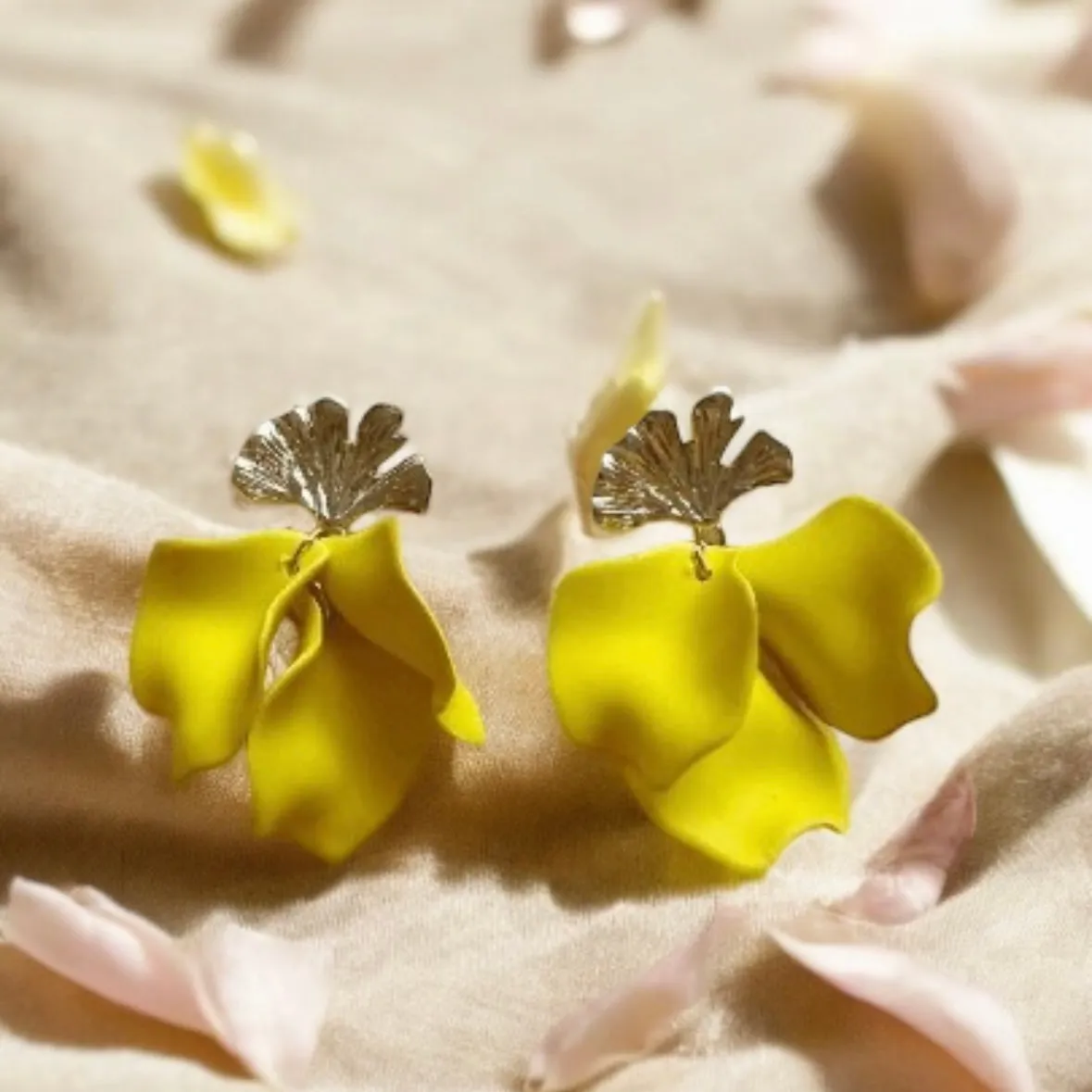 Yellow - flower earrings | dangle petal lightweight earrings | golden ginkgo leaf earrings | bridal party wedding earrings