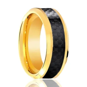 Yellow Gold High Polished Tungsten Ring with Black Carbon Fiber Inlay Beveled Edge